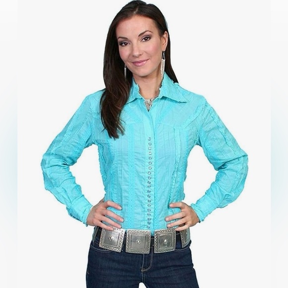 Scully Tops - Scully Western Blouse Size L Blue Turquoise Lace Stripe Ruffled Long Sleeve
